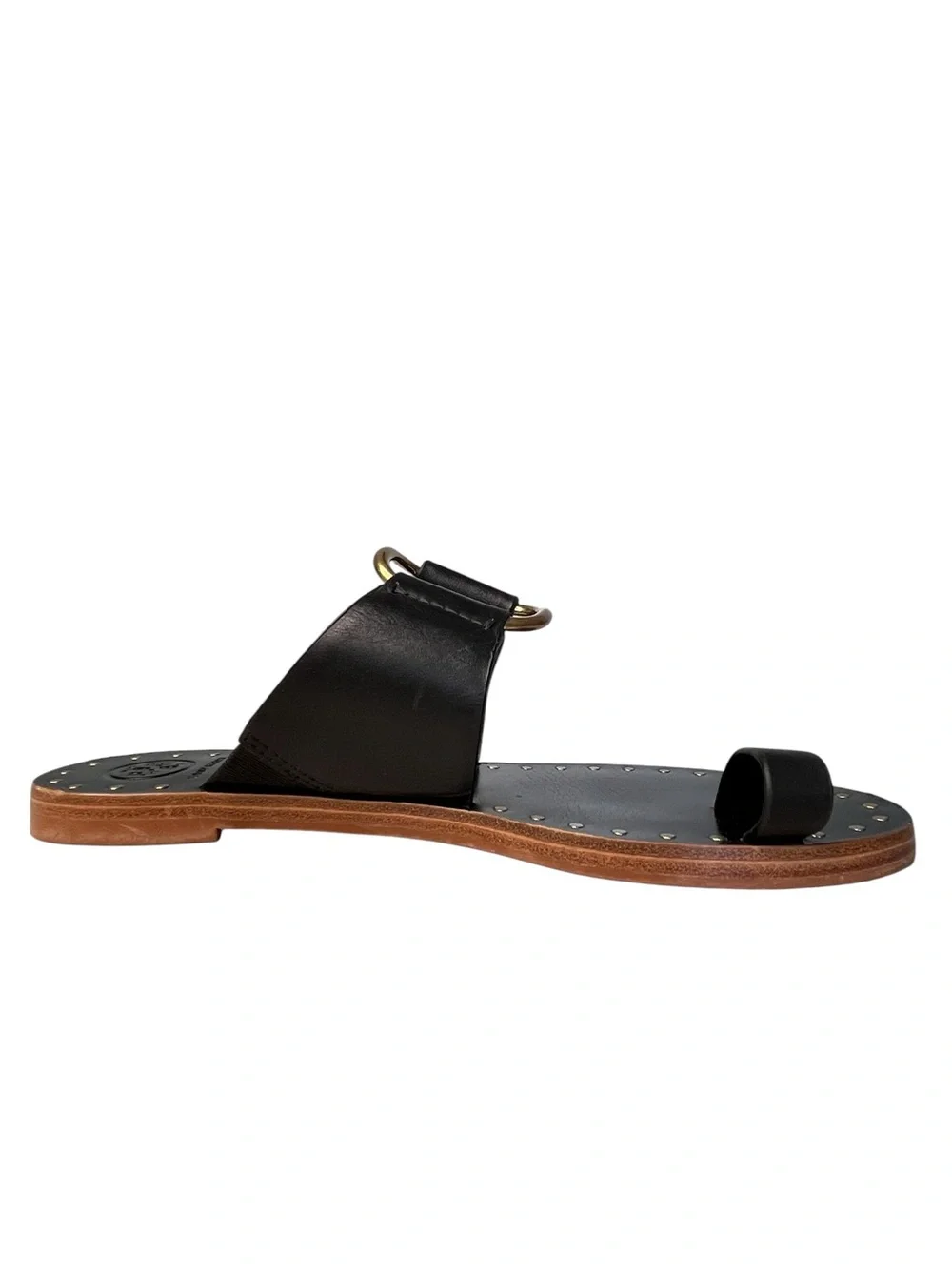 Tory Burch Ravello Black Leather Toe Ring Gold-Tone Studded Sandals Sz 8